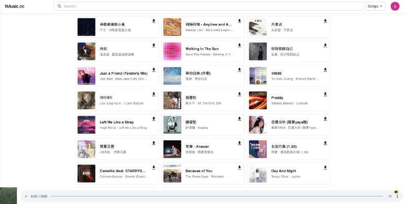 1music：一个简洁的音乐下载播放网站，从封面看，音乐源应该是来自YouTube，支持MP3 和 FLAC 无损音乐格式下载，如果你赞助作者，还可以直接上传到自己的webdav