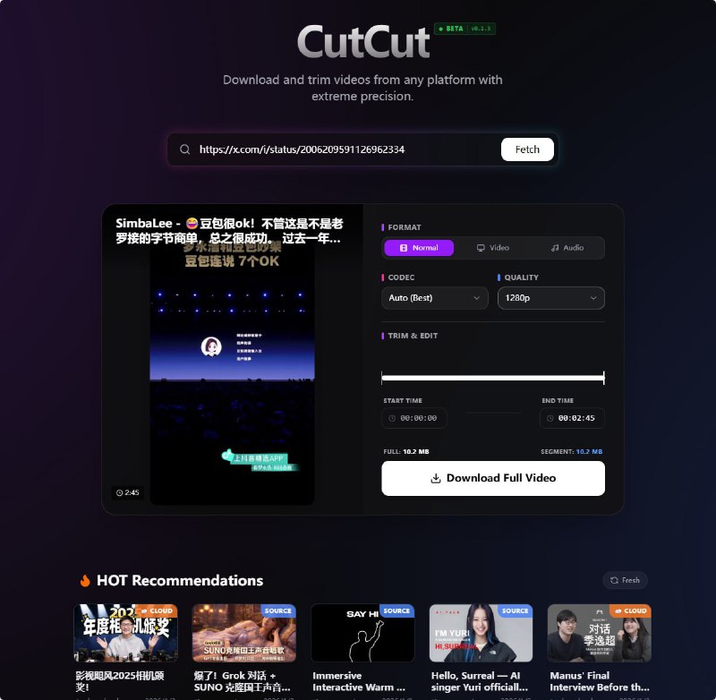 CutCut：视频抓取小助手，能够极其精确地从任何平台下载和剪辑视频支持从各大视频平台下载视频，国内微博抖音小红书bilibili等，国外推特X，YouTube都可轻松搞定，黏贴链接，即可获取下载信息，并直接下载，还可以截取编辑要下载视频的片段和时长🏷 标签：#网站 #视频下载 #视频剪辑☁️链接：点击获取已收录到：导航网站📢 频道  |  🎈群组 |  👉 导航 |  🌍 电报中文
